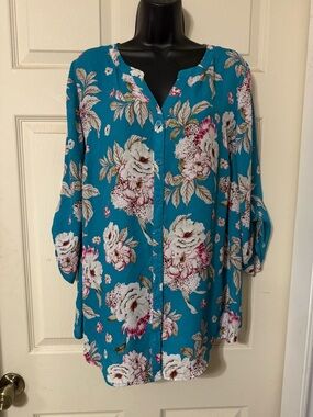 Catherines Teal Floral Button-Front Shirt